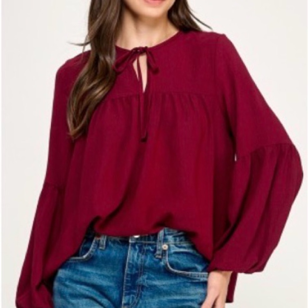 Women's Burgundy Peasant Blouse with Tie Neck